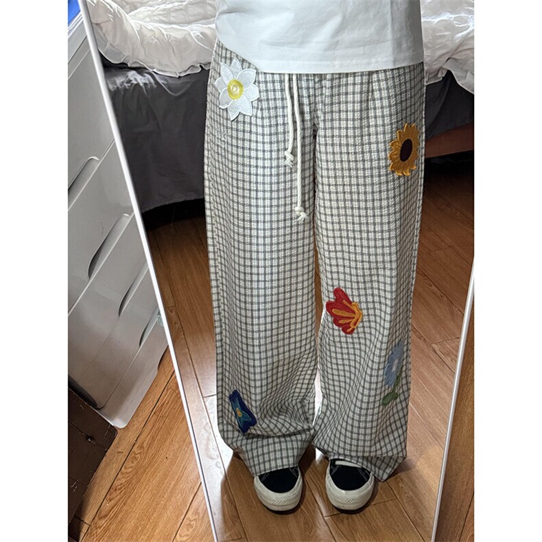 ！美式慵懒风格子花瓣刺绣百搭薄款休闲裤,男装休闲裤,星座617C