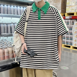 美式复古条纹polo衫有领T恤男士夏季翻领蓝白五分袖短袖PL056-P32图片