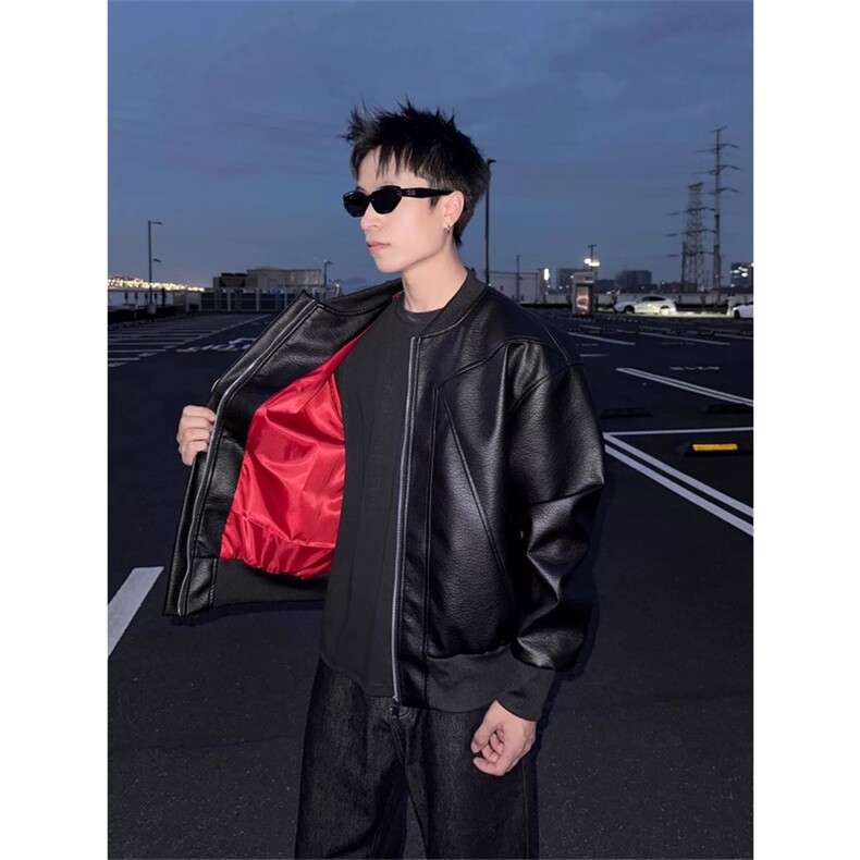 网图有货 机车pu皮衣夹克男红内外套立领美式复古棒球服 A989-P65图片