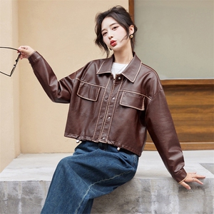 短款皮衣外套女2024秋季新款宽松休闲美式复古美拉德机车夹克上衣图片