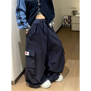 美式抽绳口袋工装阔腿裤女秋冬街头宽松休闲垂感拖地裤K6743-P59