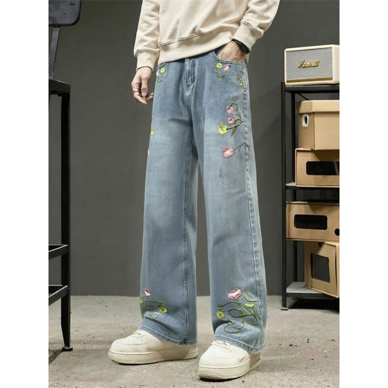 美式潮牌复古牛仔裤男春夏薄款高街痞帅裤子宽松直筒休闲刺绣长裤，男装牛仔裤，星座302A-2