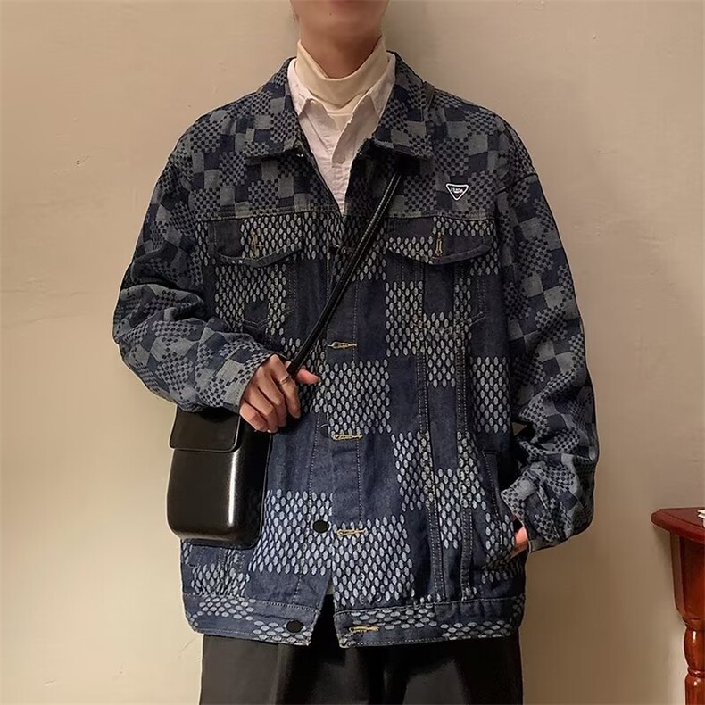 潮复古格纹拼接牛仔外套男春秋新款宽松bf风休闲夹克JD0015P65,男装夹克,星座1116-2