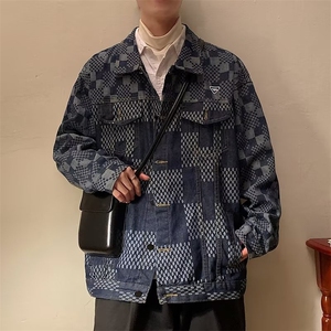 潮复古格纹拼接牛仔外套男春秋新款宽松bf风休闲夹克JD0015P65