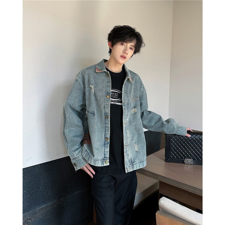 春秋美式做旧撞色磨破牛仔外套男设计感复古宽松夹克JK82222-p74,男装工装外套,星座1008