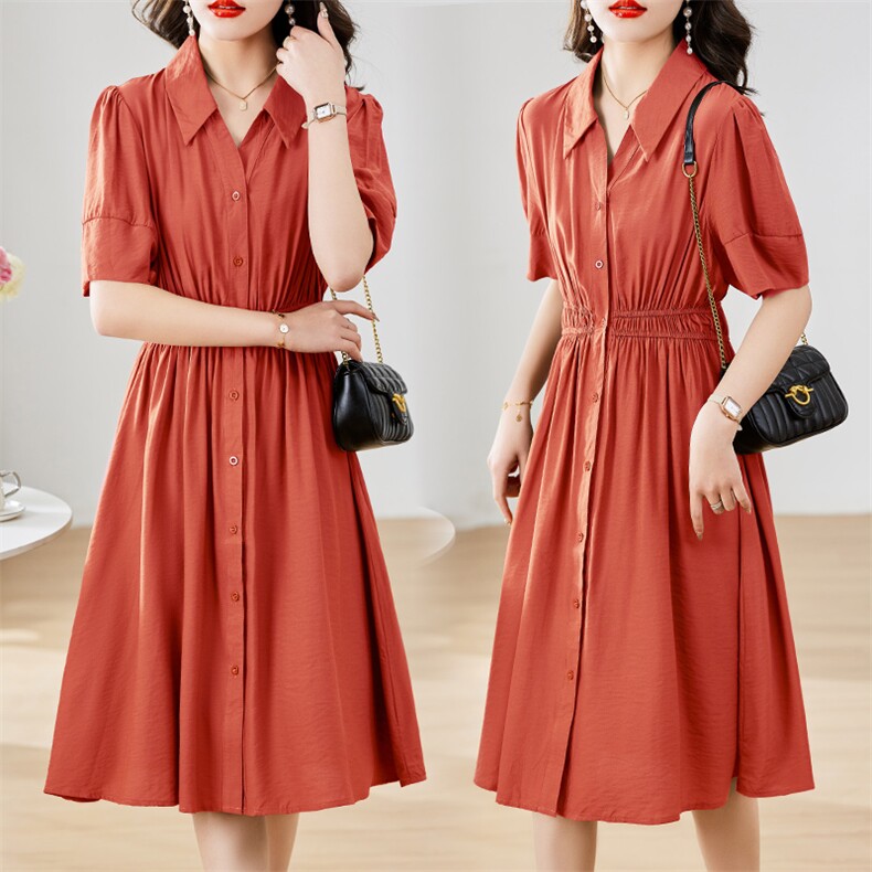 2024年夏季女装新款松紧腰抽皱POLO领短袖纯色休闲风中长款连衣裙，女装连衣裙，初闻兮