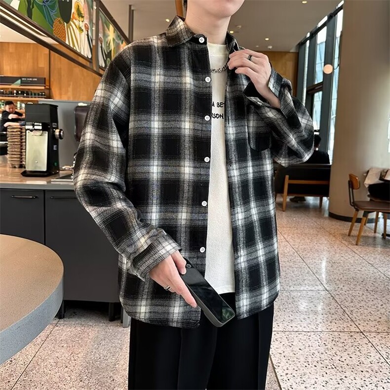 春秋季新款长袖格子衬衫美式复古潮牌宽松休闲上衣外套,男装衬衫,星座410-7