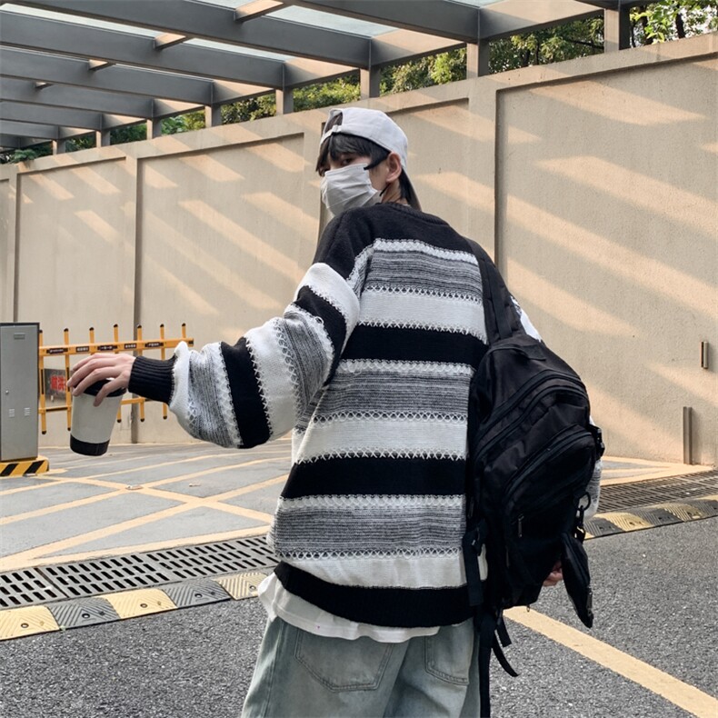 圆领条纹毛衣男休闲潮流针织衫秋冬季宽松慵懒风毛线衣HY731-P48,男装针织衫/毛衣,星座1008