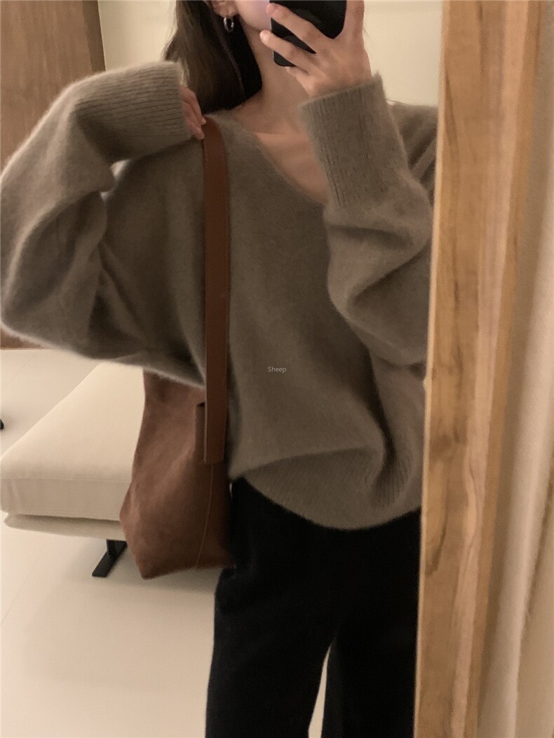 秋冬纯色V领长袖羊毛针织衫女韩版宽松针织衫,女装羊毛衫,恩泰羊绒