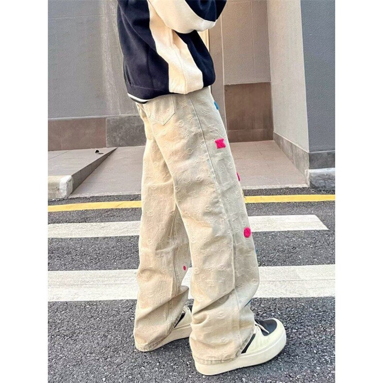 W9621-P53网图现货潮原创美式复古小花朵做旧黄泥色牛仔裤,男装牛仔裤,星座1608-2
