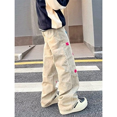 W9621-P53网图现货潮原创美式复古小花朵做旧黄泥色牛仔裤，男装牛仔裤，星座1608-2
