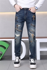 秋冬新款水洗潮牌轻奢欧货印花破洞牛仔裤男修身小脚休闲百搭长裤，男装牛仔裤，电商D218