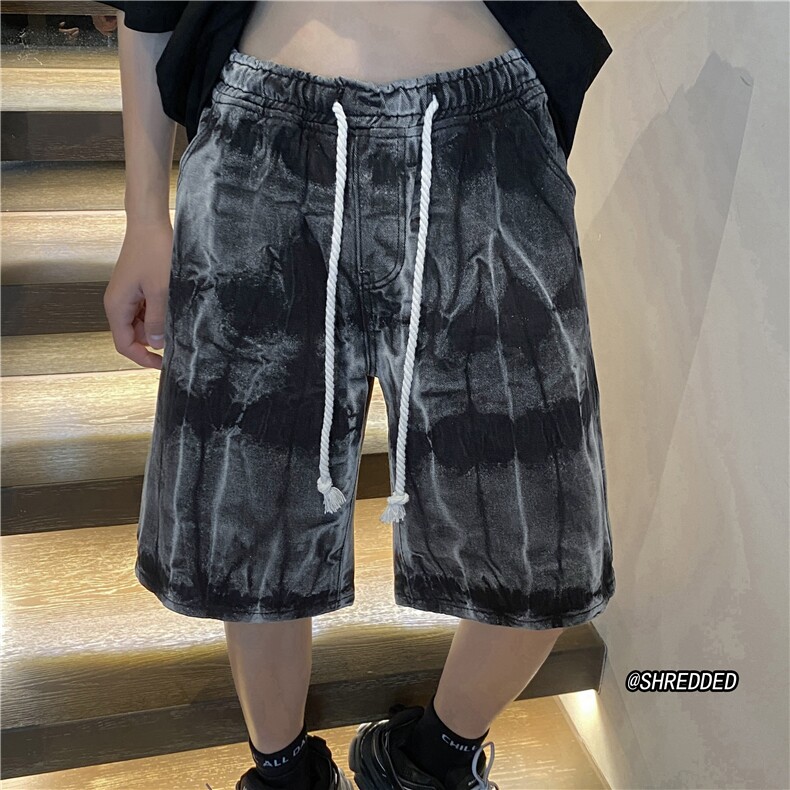 抖音美式扎染水洗牛仔裤中裤宽松系带短裤B315-K23238-P45控58,男装牛仔裤,电商B315