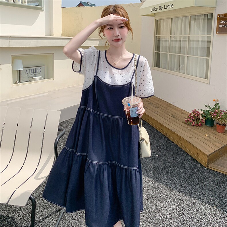 韩系穿搭蓝色拼接吊带连衣裙女夏超火休闲小众漂亮鱼尾假两件裙子,女装连衣裙,浪娴服饰