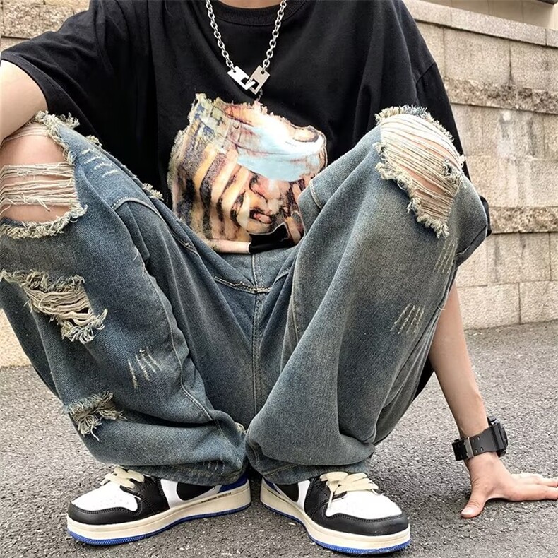 美式复古水洗做旧破洞牛仔裤男ins高街潮牌宽松直筒街头Z8820P40,男装牛仔裤,星座1116-2