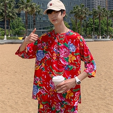A340男士休闲大花透气凉爽风T恤七分袖春夏新大妈套头衫团队，男装T恤，星座115A(原星座507）