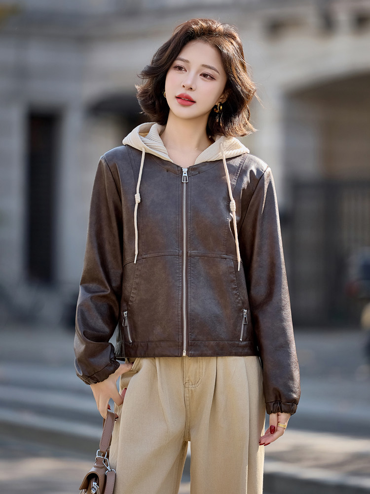 韩城.机车皮夹克针织帽pu皮衣短外套潮女2025秋季大码拉链款休闲y,女装皮衣,简古