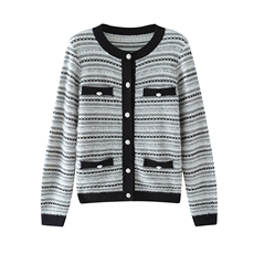 精致优雅小香风毛衣外套女纯山羊绒衫圆领单排扣条纹针织开衫，女装羊绒衫，轩妮羊绒