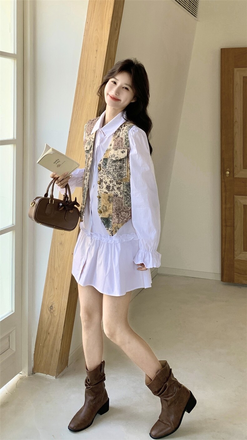 【】翻领木耳边时尚连衣裙+复古马甲套装2D148-2628-P165K268,女装套装/套裙,2D148