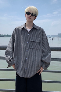 衬衫男春季新款港风宽松大码立体口袋纯棉条纹长袖衬衣CS3099-P42图片