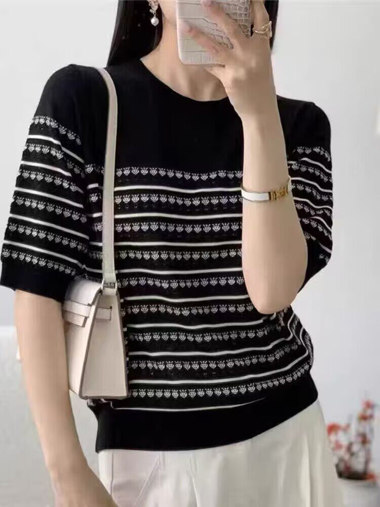 2025年夏季时尚潮流通勤条纹短袖，女装T恤，佑昭祥羊绒