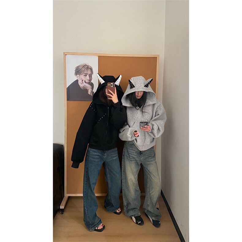 抖音得物高品质26春装美式高街铆钉杜宾犬耳朵开衫卫衣外套W125,女装短外套,电商A486