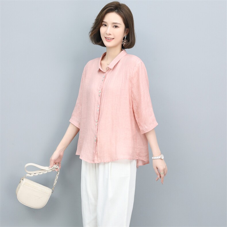 高端苎麻衬衫女夏季2024新款棉麻风上衣中年妈妈洋气减龄漂亮小衫,女装衬衫,奕阳依阁