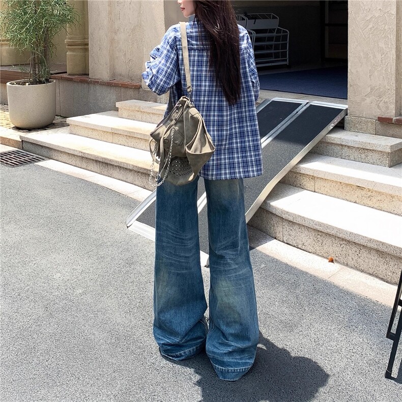 美式水洗蓝猫须直筒牛仔裤女秋季新款显瘦宽松百搭垂感拖地裤,男装牛仔裤,星座1210-1