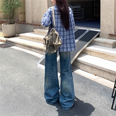 美式水洗蓝猫须直筒牛仔裤女秋季新款显瘦宽松百搭垂感拖地裤，男装牛仔裤，星座1210-1