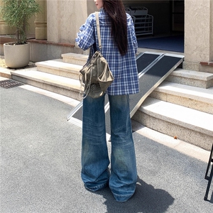 美式水洗蓝猫须直筒牛仔裤女秋季新款显瘦宽松百搭垂感拖地裤图片