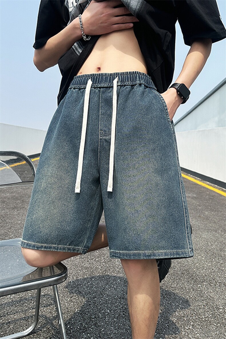 痞帅抽绳牛仔短裤情侣同款夏季设计感宽松休闲复古短裤D2#-P35,男装牛仔裤,电商A178