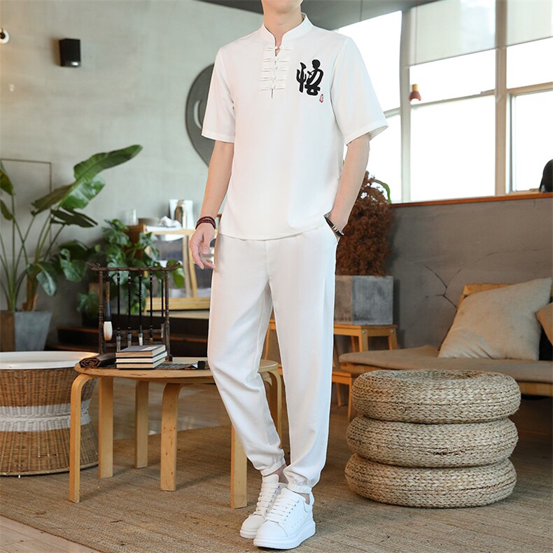 男士夏季冰丝短袖复古风唐装汉服中式居士服风套装ZT2301-P78,男装T恤,星座1105-3