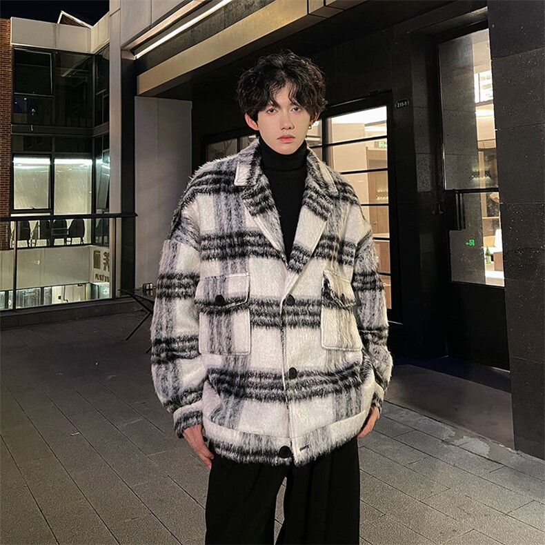 黑白格毛呢小香风外套秋冬美式马海毛宽松上衣878P108,女装短外套,电商A458A