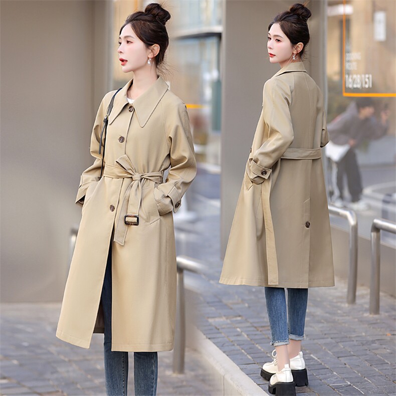 韩版修身显瘦长款风衣女气质百搭外套，女装风衣，今喜