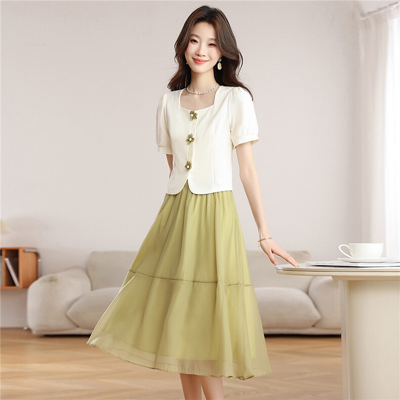 小香风洋气连衣裙套装女夏方领短袖衬衫气质半身裙时尚休闲两件套，女装套装/套裙，艾米