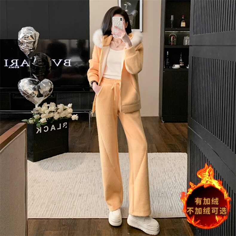 女秋冬季洋气毛领连帽外套阔腿裤两件套,女装套装/套裙,江南