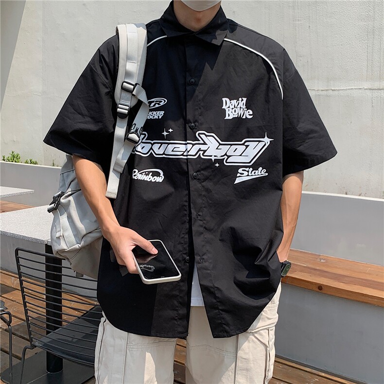 情侣装夏装新款机车字母印花织带短袖衬衫宽松男女港风潮D305P48,男装T恤,电商A335-1（原A458）