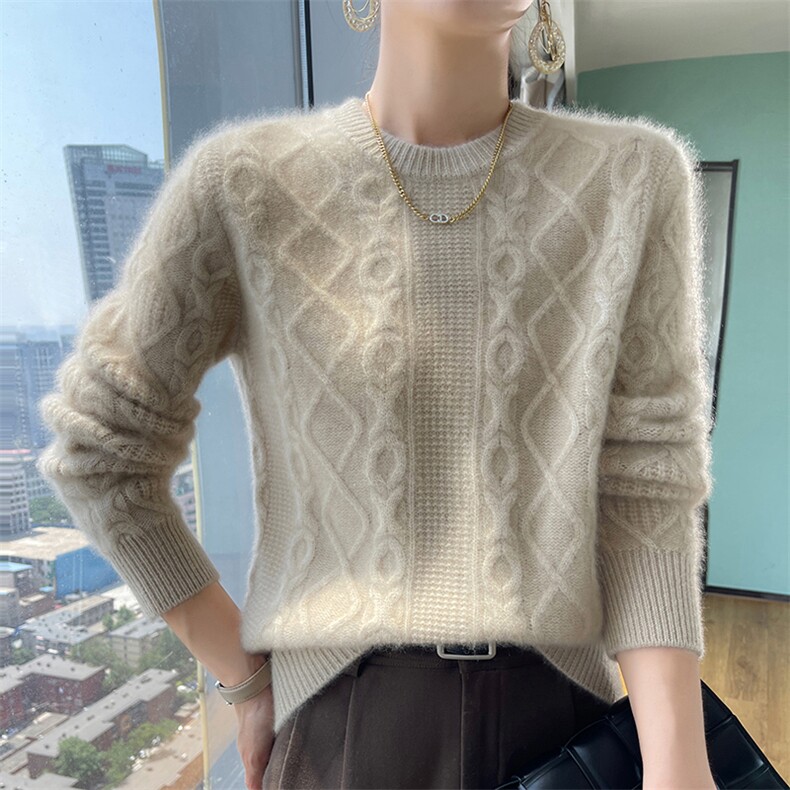 100%纯羊毛衫女圆领扭花套头毛衣秋冬新款宽松羊绒衫针织打底上衣图片