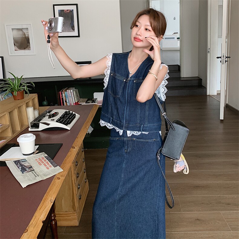 蓝色牛仔套装裙女2025年夏季新款高级感蕾丝拼接马甲半身裙两件套,女装套装/套裙,浙宝069
