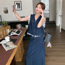 蓝色牛仔套装裙女2025年夏季新款高级感蕾丝拼接马甲半身裙两件套，女装套装/套裙，浙宝069