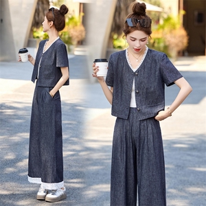 牛仔套装女2025夏季新款韩系小香风气质蕾丝九分阔腿裤穿搭一整套图片