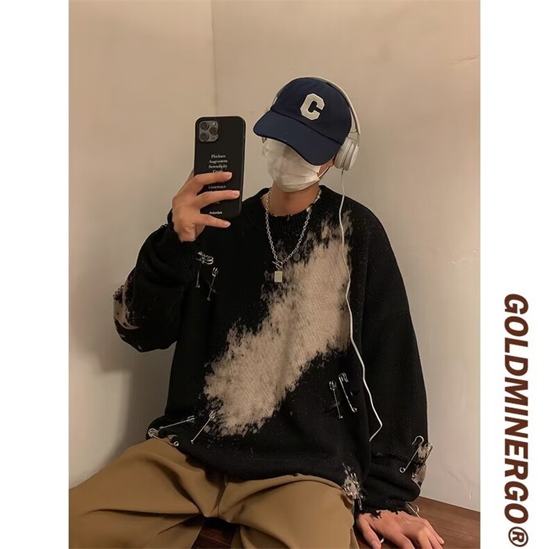 潮牌重工扎染别针装饰慵懒风秋冬设计感破洞毛衣MY9081P46送扣子,男装针织衫/毛衣,星座1116-2