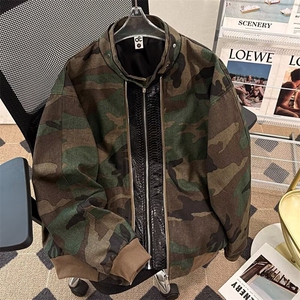 美式复古工装迷彩外套男女重工拼接短款休闲宽松棒球服夹克潮ins图片