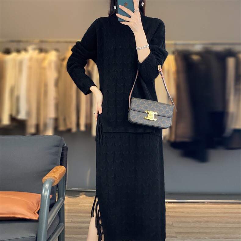 秋冬季新款女装韩版流苏针织衫开叉包臀裙套装毛衣裙子两件套图片