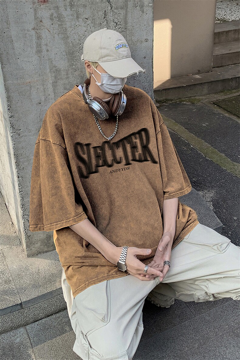 乌梅紫水洗做旧短袖t恤男士夏季美式复古欧美潮牌hiphop重磅体恤,男装T恤,星座203