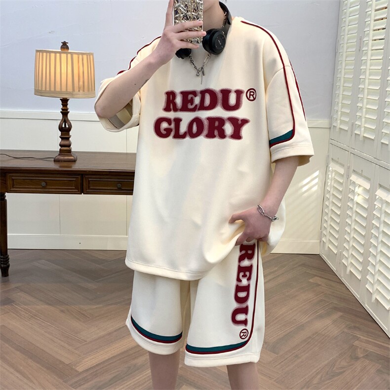 XTYDF夏季港风运动休闲短袖T恤套装男个性印花情侣半袖两件套7809-P75，男装T恤，电商A441-1