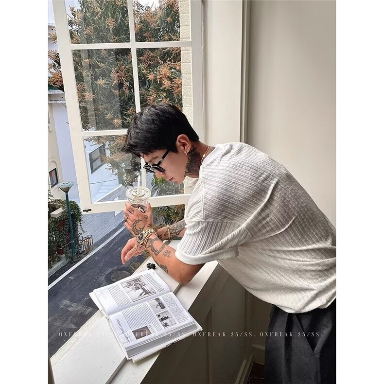 老钱风亨利领短袖t恤男夏季透气肌理感修身V领美式重磅上衣,男装T恤,星座1210-1