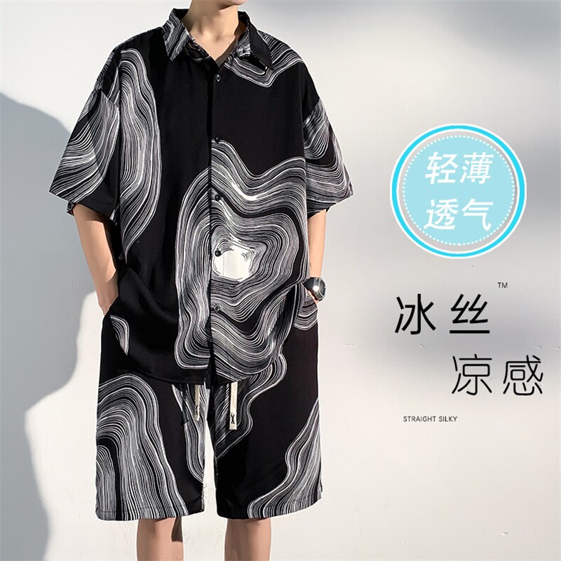 特批P35无差价夏季大码垂感衬衫短裤男士新中式运动两件套装TZ068图片