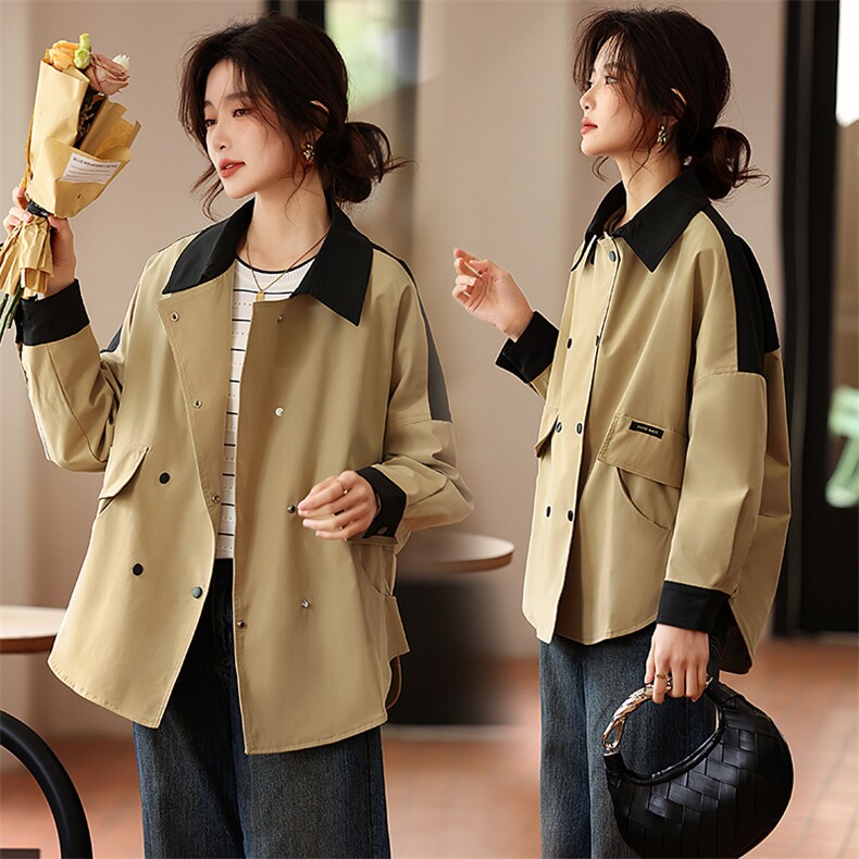 卡其色风衣女短款春秋季新款小个子时尚翻领宽松休闲撞色工装外套，女装风衣，鑫源服饰
