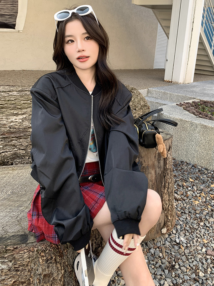时尚黑色短款外套拼接袖片抽皱设计显瘦百搭潮流女装,女装短外套,鑫慧